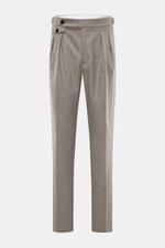 Front view of Brunello Cucinelli Wool Pants Taupe Melange in pure virgin wool, soft touch, regular fit with double pleats, side adjusters, French pockets, small watch pocket with flap, back pockets with button, zipper and waistband button, slightly tapere