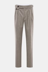 Front view of Brunello Cucinelli Wool Pants Taupe Melange in pure virgin wool, soft touch, regular fit with double pleats, side adjusters, French pockets, small watch pocket with flap, back pockets with button, zipper and waistband button, slightly tapere