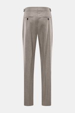Brunello Cucinelli Wool Pants Taupe Melange shown from the back, pure virgin wool, soft touch, regular fit, tapered legs, double pleats, side adjusters, small watch pocket with flap, French pockets, back pockets with buttons, zipper and waistband button, 
