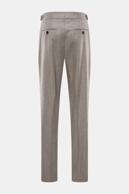 Brunello Cucinelli Wool Pants Taupe Melange shown from the back, pure virgin wool, soft touch, regular fit, tapered legs, double pleats, side adjusters, small watch pocket with flap, French pockets, back pockets with buttons, zipper and waistband button, 