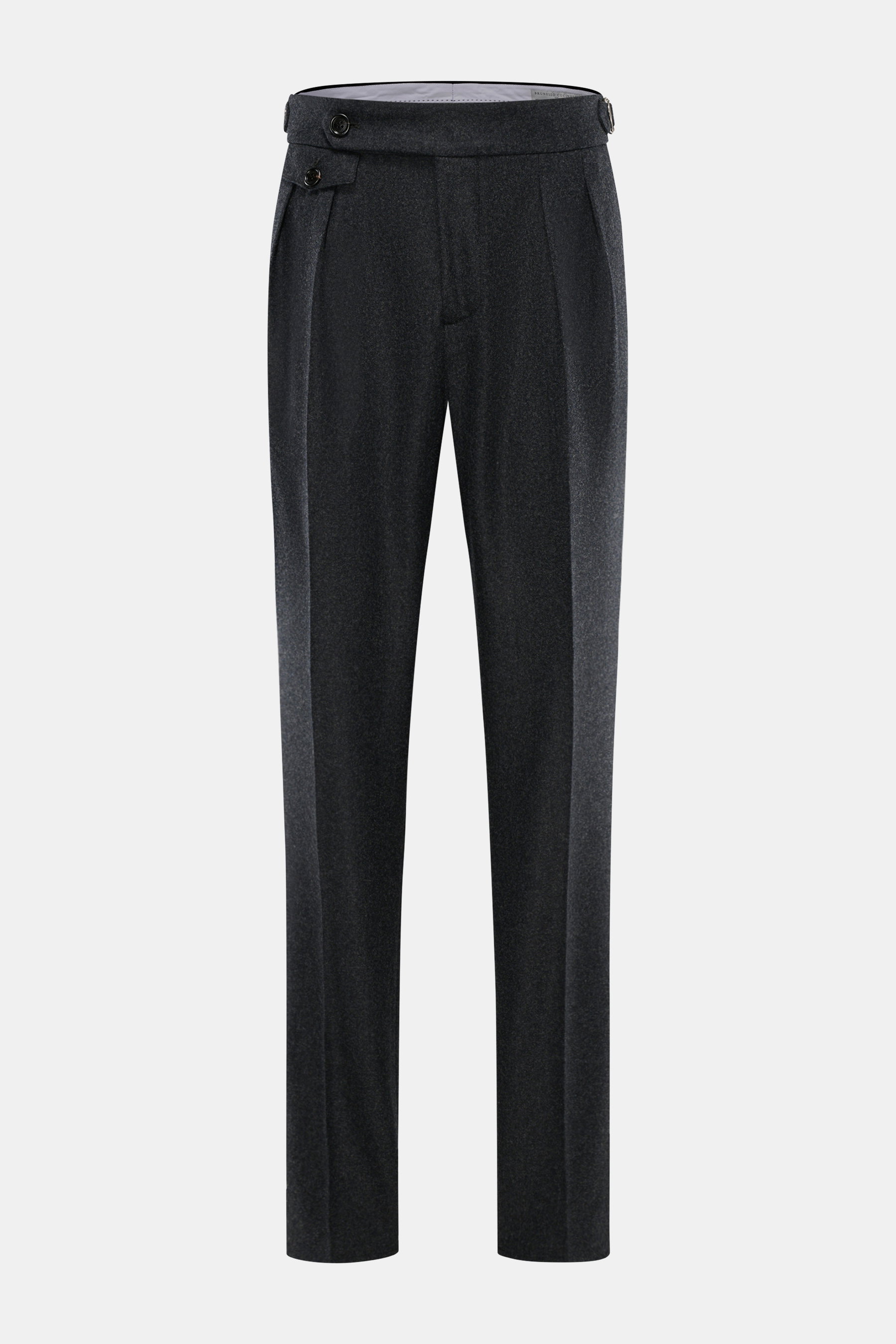 Brunello Cucinelli Wollhose anthrazit meliert, Frontansicht, reine Schurwolle, Regular Fit, doppelte Bundfalte, Side-Adjuster, Uhrentasche, französische Taschen.