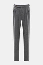 Front view of Brunello Cucinelli Wool Pants Grey Melange, elegant pure virgin wool pants with double pleats, side adjusters, French pockets, watch pocket, and tapered regular fit.