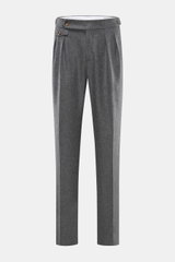 Front view of Brunello Cucinelli Wool Pants Grey Melange, elegant pure virgin wool pants with double pleats, side adjusters, French pockets, watch pocket, and tapered regular fit.
