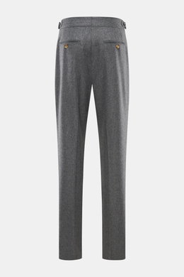 Brunello Cucinelli Wool Pants Grey Melange shown from the back, made of pure virgin wool with double pleats, side adjusters, French pockets, small watch pocket, and buttoned back pockets. Cult piece in Italian luxury design, soft touch, regular fit, sligh