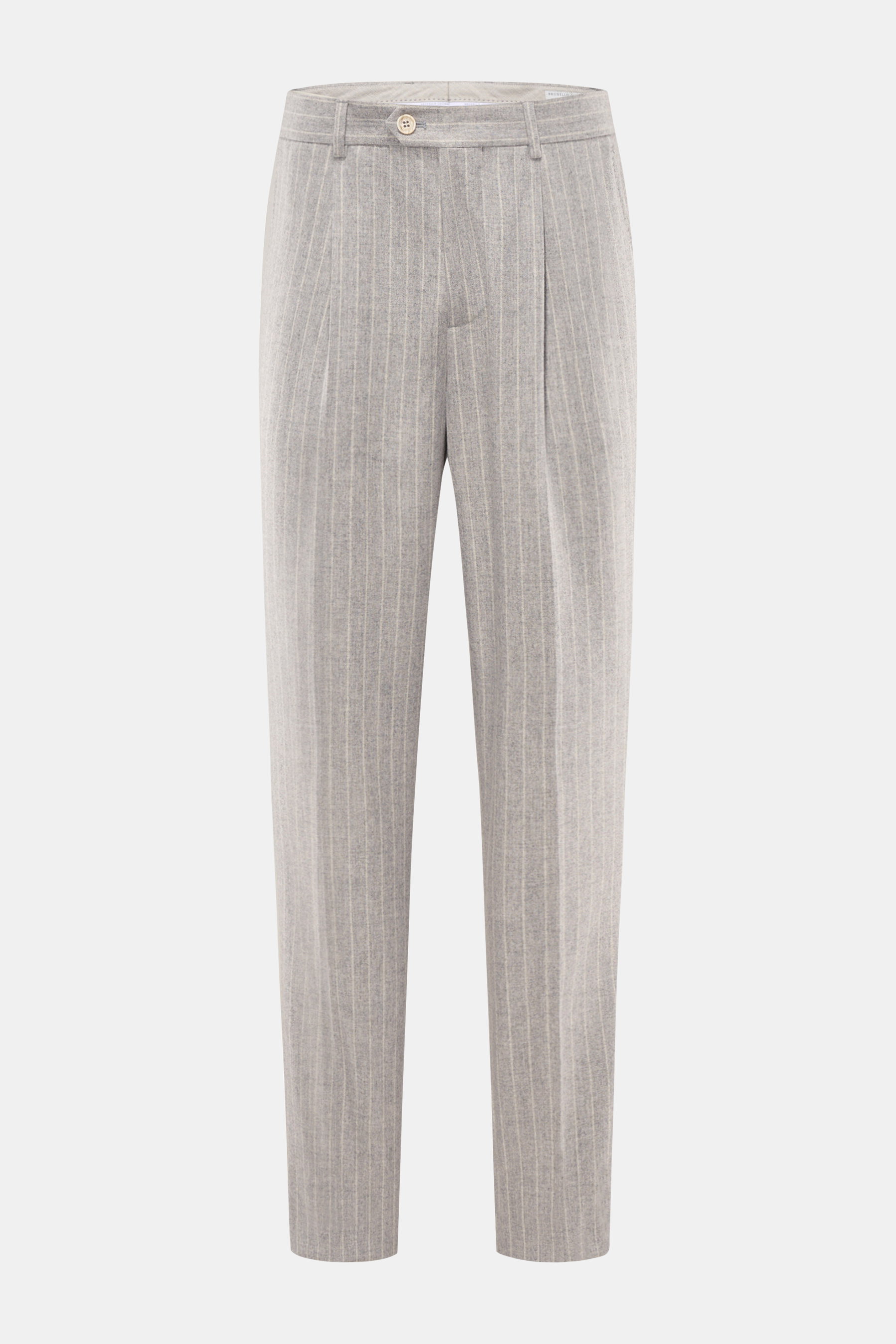 Brunello Cucinelli Wollhose grau/offwhite gestreift, Regular Fit, schmal zulaufend, aus Schurwolle mit Cashmere, mit Bundfalte, Reißverschluss, Taschen, frontale Perspektive.