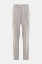 Brunello Cucinelli Wool pants gray/off-white striped, front view, elegant virgin wool and cashmere blend, chalk stripes, regular fit, tapered cut, single front crease, zipper and button waistband, French front pockets, welt back pockets, unfinished length