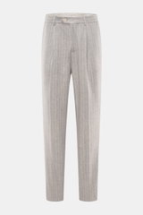 Brunello Cucinelli Wool pants gray/off-white striped, front view, elegant virgin wool and cashmere blend, chalk stripes, regular fit, tapered cut, single front crease, zipper and button waistband, French front pockets, welt back pockets, unfinished length