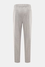 Brunello Cucinelli Wool pants gray/off-white striped shown from the back, featuring a classic front crease, chalk stripes, French and welt pockets.