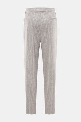 Brunello Cucinelli Wool pants gray/off-white striped shown from the back, featuring a classic front crease, chalk stripes, French and welt pockets.