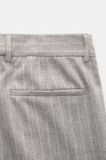 Close-up front view of Brunello Cucinelli Wool pants gray/off-white striped showing waistband, belt loops, and welt back pocket, made of soft virgin wool and cashmere with chalk stripes, regular fit, tapered cut, zipper and waistband buttons, single front