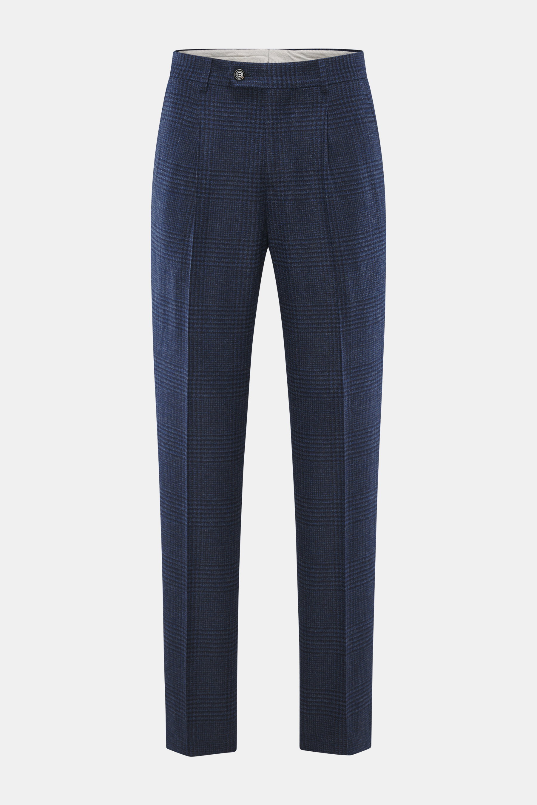 Brunello Cucinelli Wollhose dunkelblau/schwarz kariert, frontale Ansicht, Bundfalte, französische Taschen, Schurwolle mit Cashmere, Regular Fit, Reißverschluss, offene Länge.