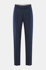 Brunello Cucinelli Wool trousers dark blue/black checked shown front view, classic pleated front, Prince-of-Wales pattern, virgin wool & cashmere.