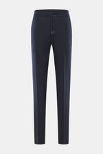 Front view of Incotex Cashmere Jogpants navy, made of pure cashmere jersey with a very soft touch, regular fit, slightly tapered legs, elastic waistband with drawstring, zipper and button closure, French pockets, back pockets with button, and open length.