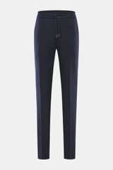 Front view of Incotex Cashmere Jogpants navy, made of pure cashmere jersey with a very soft touch, regular fit, slightly tapered legs, elastic waistband with drawstring, zipper and button closure, French pockets, back pockets with button, and open length.