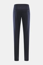 Rear view of Incotex Cashmere Jogpants navy, jersey made of pure cashmere with very soft touch, regular fit, slightly tapered, zipper and waistband button, elastic waistband with drawstring, French pockets, back pockets with button, and open length.