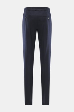 Rear view of Incotex Cashmere Jogpants navy, jersey made of pure cashmere with very soft touch, regular fit, slightly tapered, zipper and waistband button, elastic waistband with drawstring, French pockets, back pockets with button, and open length.