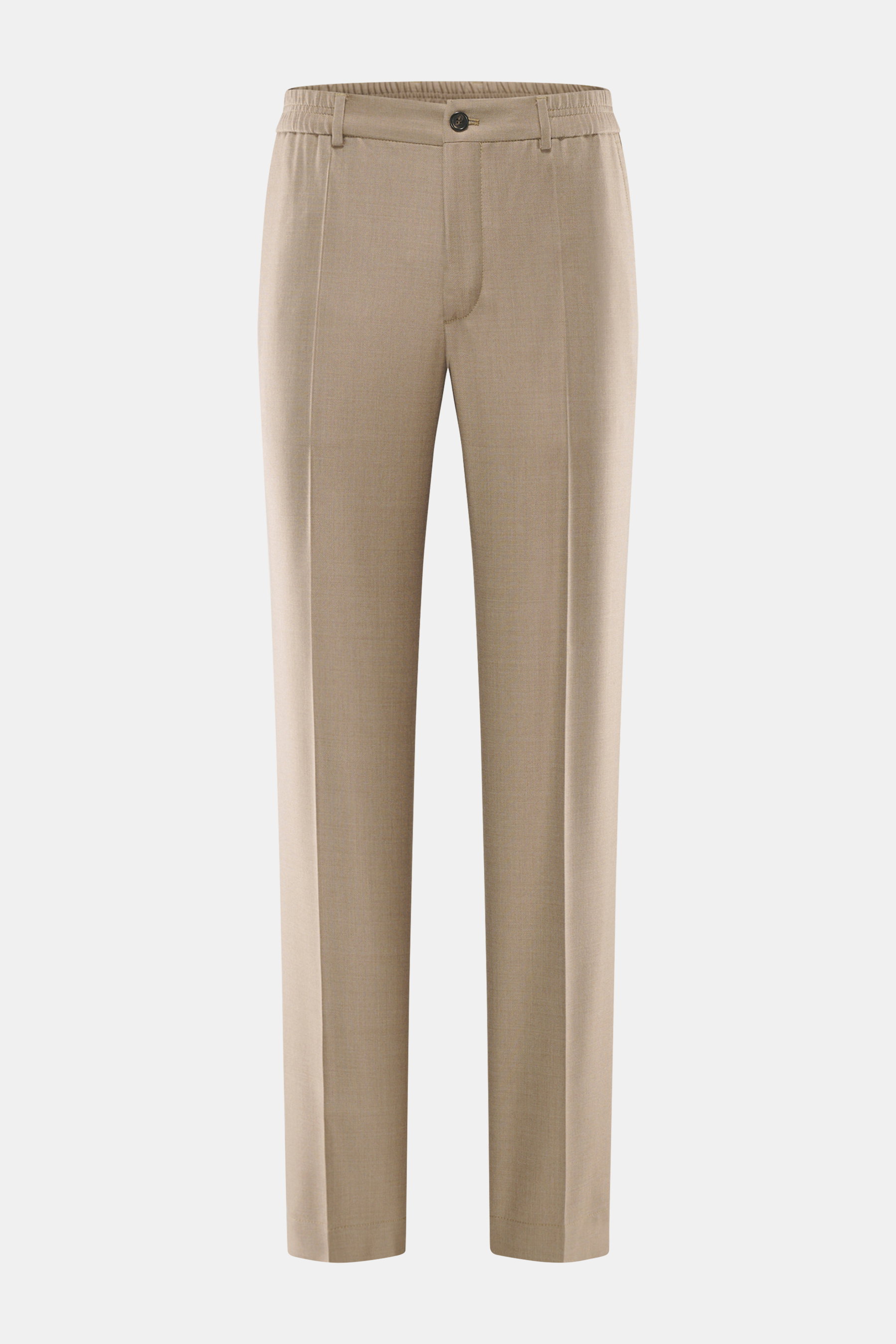Front view of Incotex Jogpants taupe in a mix of wool and silk with smooth touch, Regular Fit, straight cut, zipper and waistband button, partially elastic waistband, French pockets, and back pockets with button and flap.