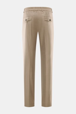 Rückansicht der Incotex Jogpants taupe, Regular Fit, gerader Schnitt, teielastischer Bund, französische Taschen, Knopf-Patte, Wolle-Seide-Mix, Reißverschluss.
