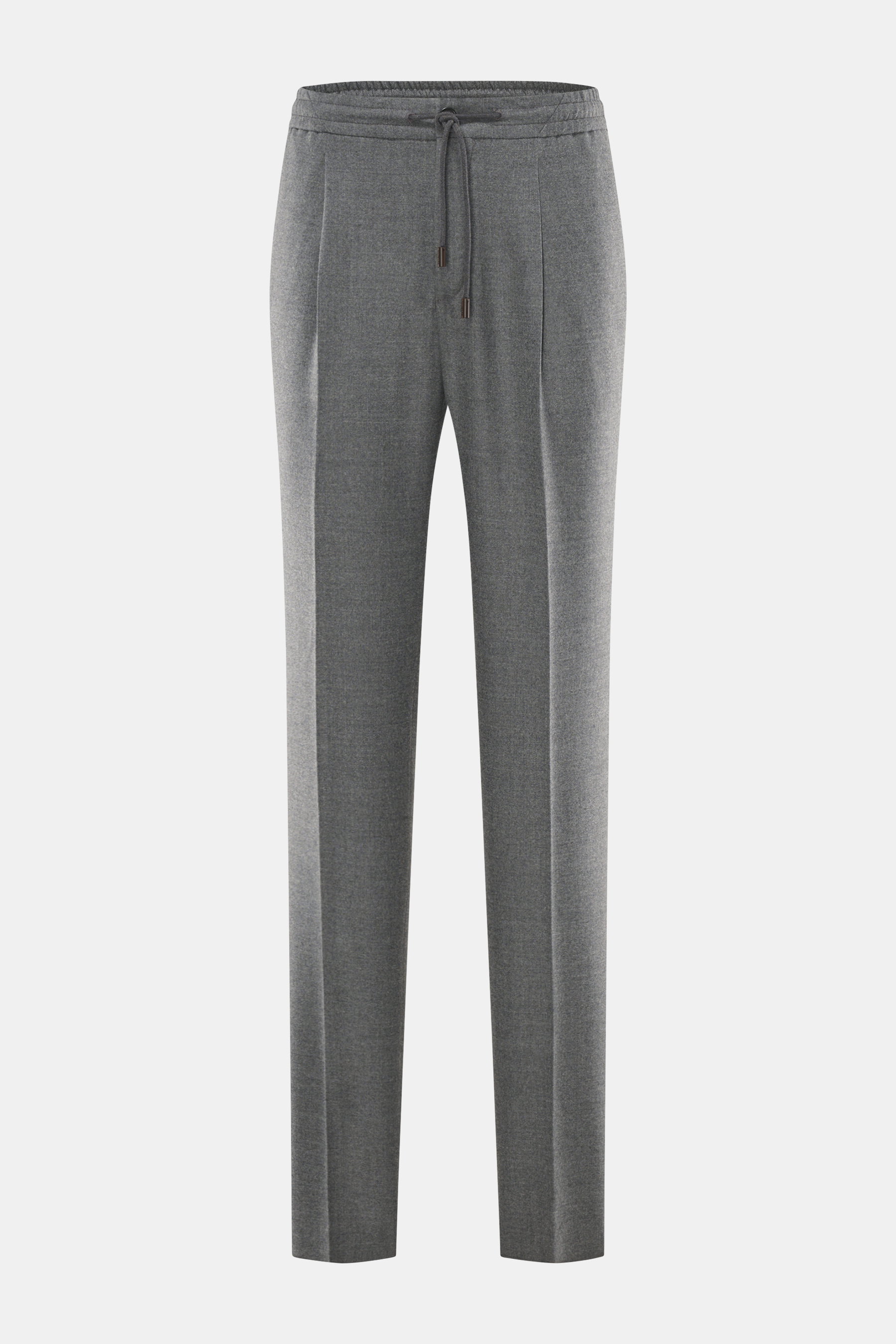 Incotex Jogpants grau meliert, frontal fotografiert, Mix aus Schurwolle und Microfaser, elastisch, weicher Griff, Regular Fit, schmal zulaufend, elastischer Bund mit Tunnelzug.