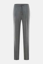 Incotex Jogpants grau meliert, frontal fotografiert, Mix aus Schurwolle und Microfaser, elastisch, weicher Griff, Regular Fit, schmal zulaufend, elastischer Bund mit Tunnelzug.