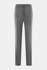 Incotex Jogpants grau meliert, frontal fotografiert, Mix aus Schurwolle und Microfaser, elastisch, weicher Griff, Regular Fit, schmal zulaufend, elastischer Bund mit Tunnelzug.
