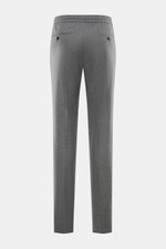 Incotex Jogpants grau meliert, Rückansicht, Mix aus Schurwolle und Microfaser, elastisch, weicher Griff, Regular Fit, schmal zulaufend, elastischer Bund mit Tunnelzug, Taschen mit Knopf, offene Länge.