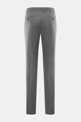 Incotex Jogpants grau meliert, Rückansicht, Mix aus Schurwolle und Microfaser, elastisch, weicher Griff, Regular Fit, schmal zulaufend, elastischer Bund mit Tunnelzug, Taschen mit Knopf, offene Länge.