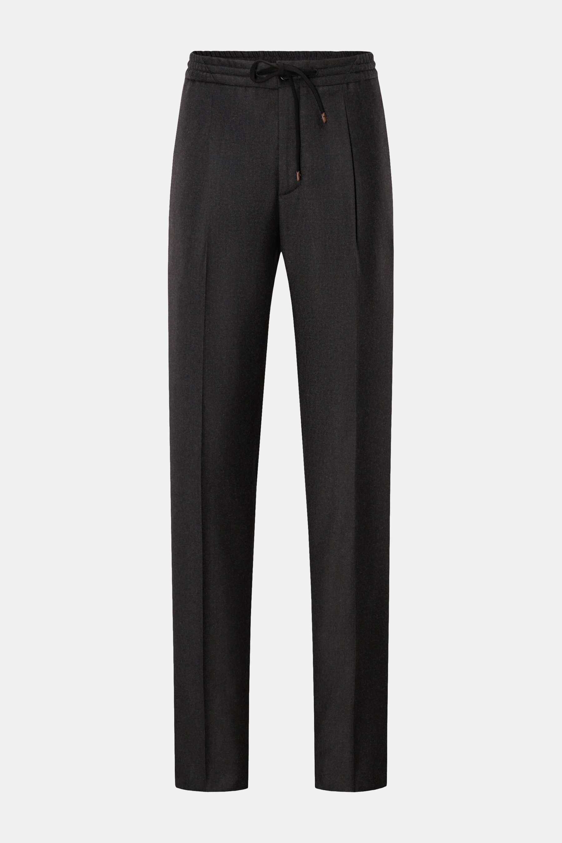 Incotex Woll-Jogpants anthrazit frontale Nahaufnahme mit elastischem Bund, Tunnelzug, Reißverschluss, Bundknopf, französischen Taschen, Regular Fit, reine Wolle.