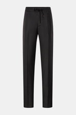 Incotex Woll-Jogpants anthrazit frontale Nahaufnahme mit elastischem Bund, Tunnelzug, Reißverschluss, Bundknopf, französischen Taschen, Regular Fit, reine Wolle.