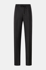 Incotex Woll-Jogpants anthrazit frontale Nahaufnahme mit elastischem Bund, Tunnelzug, Reißverschluss, Bundknopf, französischen Taschen, Regular Fit, reine Wolle.