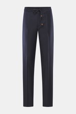 Incotex Woll-Jogpants navy, frontale Ansicht, reine Schurwolle, weicher Griff, Regular Fit, leicht schmal zulaufend, Reißverschluss, Bundknopf, elastischer Bund mit Tunnelzug, Seitentaschen, Gesäßtaschen mit Knopf, offene Länge.