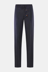 Incotex Woll-Jogpants navy, frontale Ansicht, reine Schurwolle, weicher Griff, Regular Fit, leicht schmal zulaufend, Reißverschluss, Bundknopf, elastischer Bund mit Tunnelzug, Seitentaschen, Gesäßtaschen mit Knopf, offene Länge.