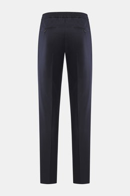 Rückansicht der Incotex Woll-Jogpants navy aus reiner Schurwolle, Regular Fit, weich, leicht schmal, mit elastischem Bund, Tunnelzug, Taschen und Knöpfen.