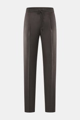 Incotex Woll-Jogpants braun meliert, frontal fotografiert, reine Schurwolle, weicher Griff, Regular Fit, leicht schmal zulaufend, Reißverschluss, Bundknopf, elastischer Bund mit Tunnelzug, Seitentaschen, Gesäßtaschen mit Knopf, offene Länge.