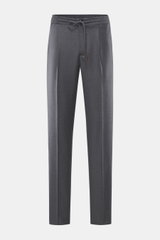 Incotex Woll-Jogpants dunkelgrau meliert, frontale Nahaufnahme, reine Schurwolle, weicher Griff, Regular Fit, leicht schmal zulaufend, Reißverschluss und Bundknopf, elastischer Bund mit Tunnelzug, Seitentaschen, Gesäßtaschen mit Knopf, offene Länge.