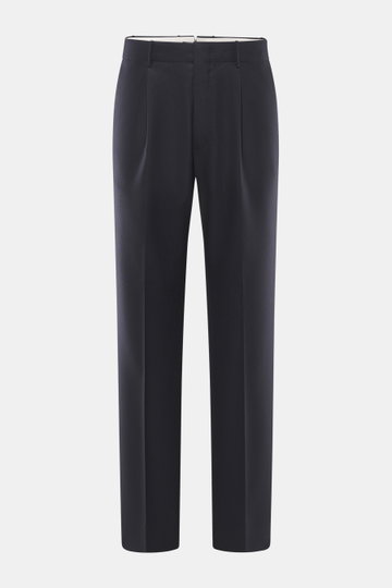 Front view of Incotex Wool pants navy, canvas made of pure wool with soft touch, tapered fit, regular thigh width, ankle length, zipper and waistband button, elastic waistband with drawstring, double waistband pleat, French pockets, straight cut, and welt