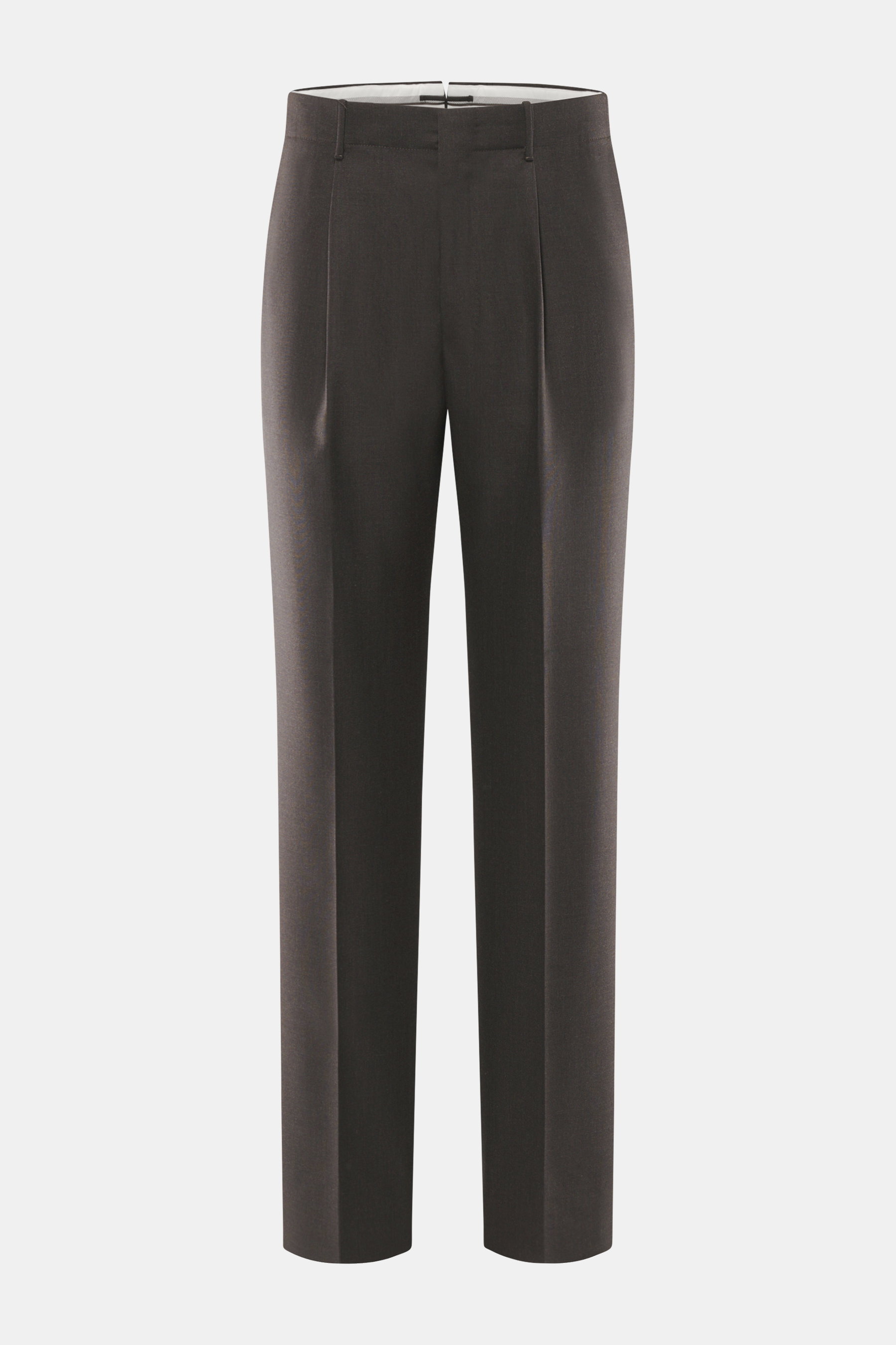 Front view of Incotex Wool pants dark brown melange, canvas made of pure wool, soft touch, tapered fit, regular thigh width, ankle length, zipper and waistband button, elastic waistband with drawstring, double waistband pleat, French pockets, straight cut