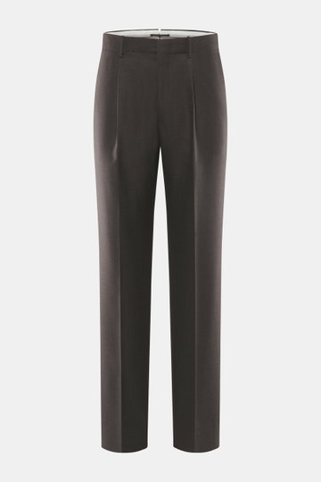 Front view of Incotex Wool pants dark brown melange, canvas made of pure wool, soft touch, tapered fit, regular thigh width, ankle length, zipper and waistband button, elastic waistband with drawstring, double waistband pleat, French pockets, straight cut