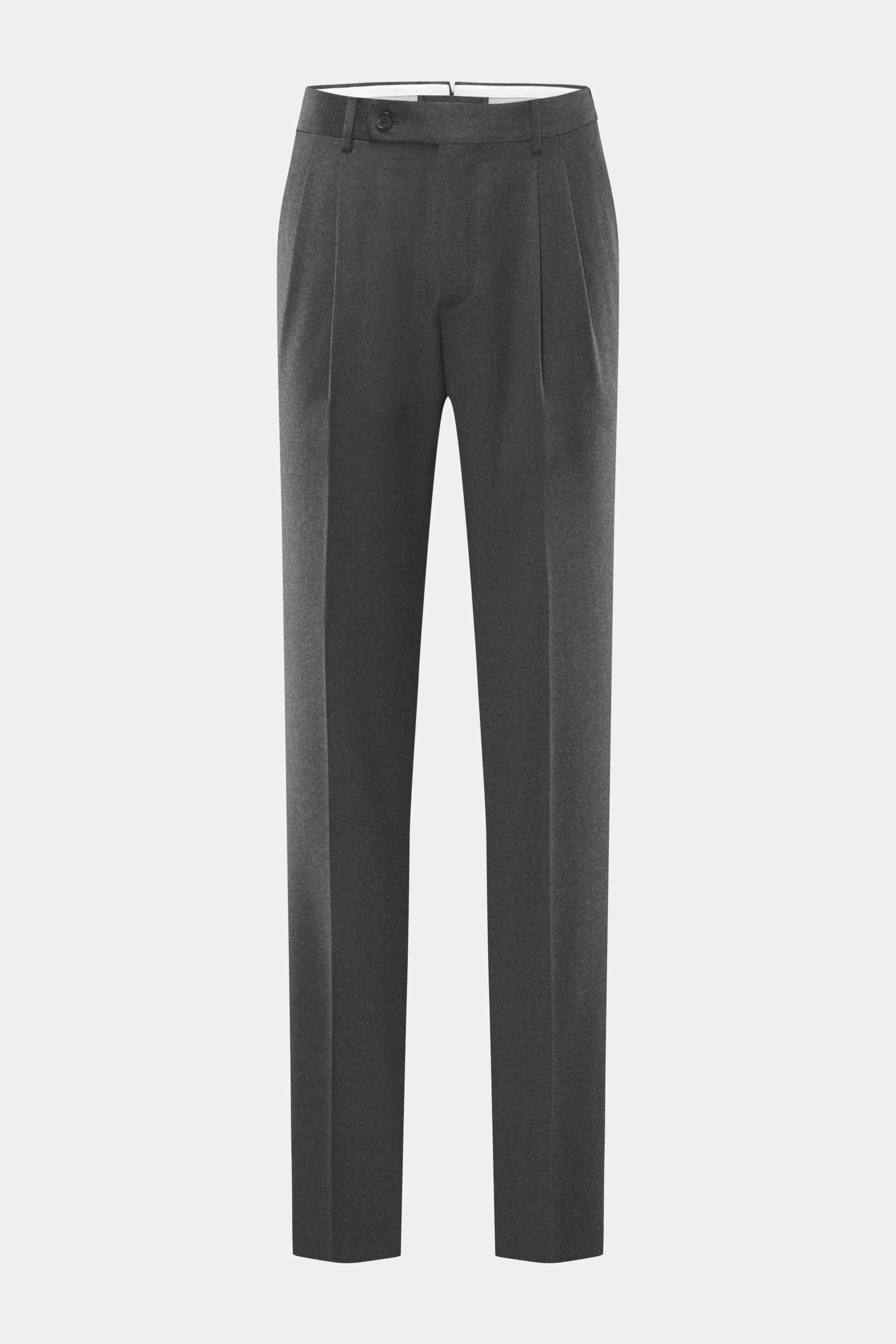 Incotex Wollhose dunkelgrau meliert, Frontansicht, reine Schurwolle, leicht elastisch, softer Griff, Regular Fit, schmal, Bundknopf, Reißverschluss, Knopfriegel, französische Taschen, doppelte Bundfalte, paspelierte Gesäßtaschen, offene Länge.