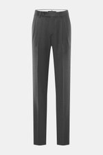 Incotex Wollhose dunkelgrau meliert, Frontansicht, reine Schurwolle, leicht elastisch, softer Griff, Regular Fit, schmal, Bundknopf, Reißverschluss, Knopfriegel, französische Taschen, doppelte Bundfalte, paspelierte Gesäßtaschen, offene Länge.