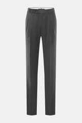 Incotex Wollhose dunkelgrau meliert, Frontansicht, reine Schurwolle, leicht elastisch, softer Griff, Regular Fit, schmal, Bundknopf, Reißverschluss, Knopfriegel, französische Taschen, doppelte Bundfalte, paspelierte Gesäßtaschen, offene Länge.