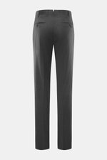 Incotex Wollhose dunkelgrau meliert von hinten, reine Schurwolle, Regular Fit, französische Taschen, Knopfriegel, Bundfalte, paspelierte Gesäßtaschen.