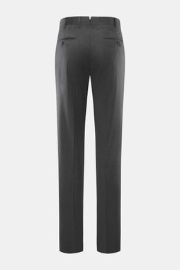 Incotex Wollhose dunkelgrau meliert von hinten, reine Schurwolle, Regular Fit, französische Taschen, Knopfriegel, Bundfalte, paspelierte Gesäßtaschen.