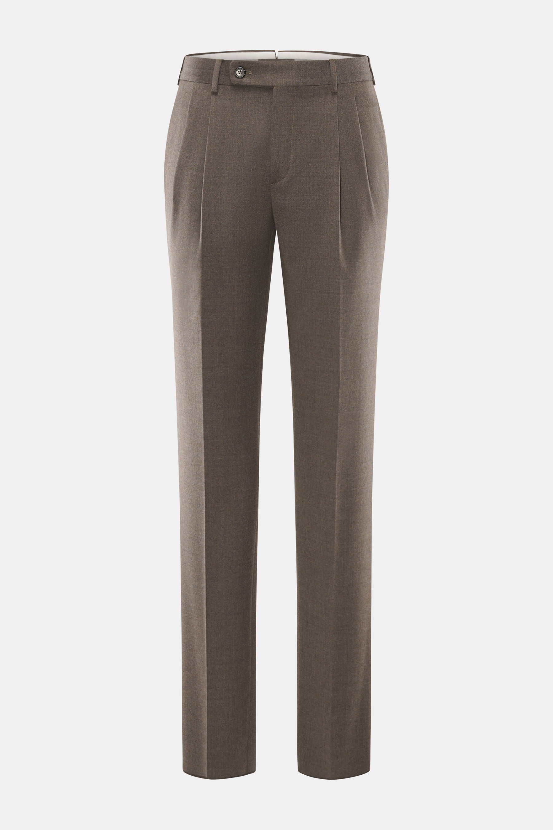 Incotex Wool pants grey-brown melange shown from front, regular fit, pure virgin wool, slightly elastic, soft touch, tapered legs, zipper and waistband button, extended button tab, French pockets, double waistband pleat, welt back pockets with button, ope