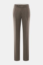 Incotex Wollhose graubraun meliert, Frontansicht, reine Schurwolle, leicht elastisch, softer Griff, Regular Fit, schmal zulaufend, Reißverschluss, Bundknopf, Knopfriegel, französische Taschen, doppelte Bundfalte, paspelierte Gesäßtaschen mit Knopf, offene