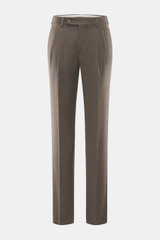 Incotex Wollhose graubraun meliert, Frontansicht, reine Schurwolle, leicht elastisch, softer Griff, Regular Fit, schmal zulaufend, Reißverschluss, Bundknopf, Knopfriegel, französische Taschen, doppelte Bundfalte, paspelierte Gesäßtaschen mit Knopf, offene