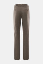 Incotex Wollhose graubraun meliert, Rückansicht, reine Schurwolle, leicht elastisch, softer Griff, Regular Fit, schmal zulaufend, Bundknopf, Reißverschluss, Knopfriegel, französische Taschen, doppelte Bundfalte, paspelierte Gesäßtaschen mit Knopf, offene 