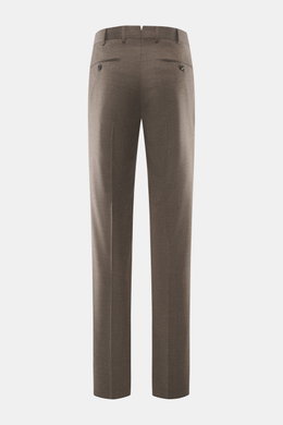 Incotex Wollhose graubraun meliert, Rückansicht, reine Schurwolle, leicht elastisch, softer Griff, Regular Fit, schmal zulaufend, Bundknopf, Reißverschluss, Knopfriegel, französische Taschen, doppelte Bundfalte, paspelierte Gesäßtaschen mit Knopf, offene 