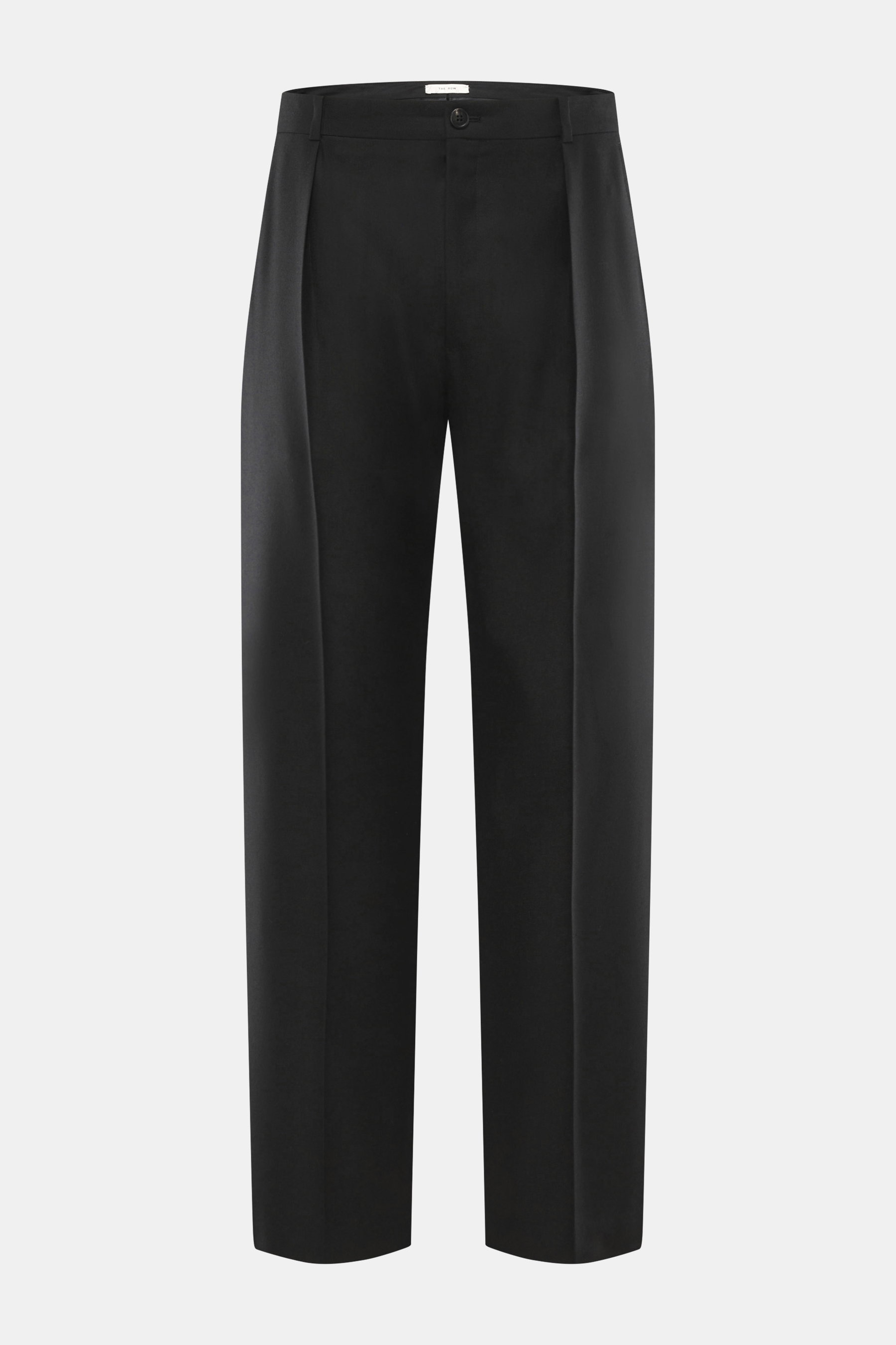 The Row Cashmere Hose 'Tami' schwarz, frontal fotografiert, aus reinem Cashmere mit weichem Griff, Regular Fit, geradem Schnitt, Bundknopf, Reißverschluss, Bundfalte, französischen Taschen und paspelierten Gesäßtaschen mit Knopf.