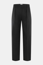 The Row Cashmere Hose 'Tami' schwarz, frontal fotografiert, aus reinem Cashmere mit weichem Griff, Regular Fit, geradem Schnitt, Bundknopf, Reißverschluss, Bundfalte, französischen Taschen und paspelierten Gesäßtaschen mit Knopf.